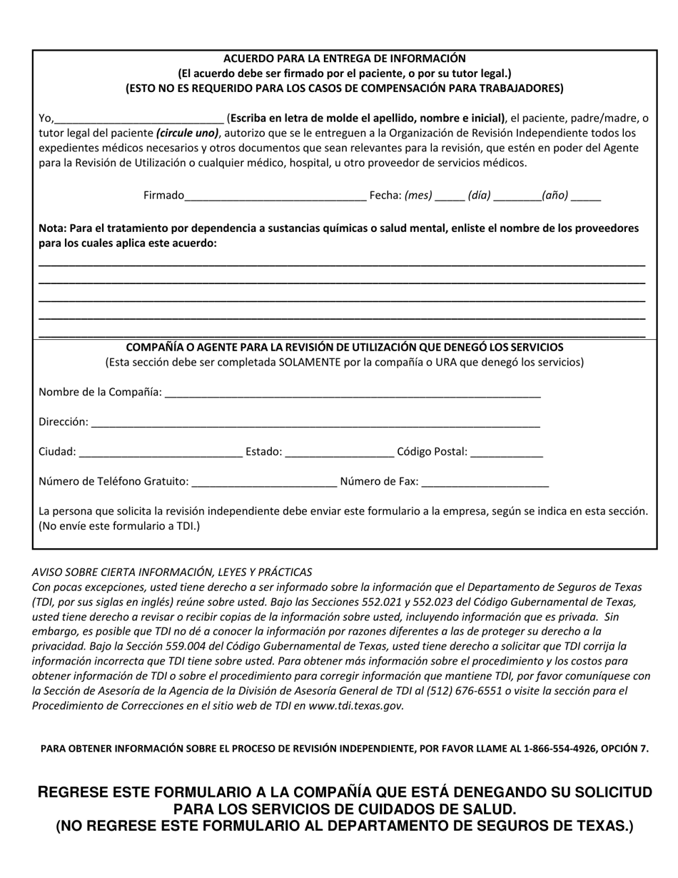 Formulario LHL009 Solicitud Para Una Revision Por Parte De Una Organizacion De Revision Independiente - Texas (Spanish), Page 4