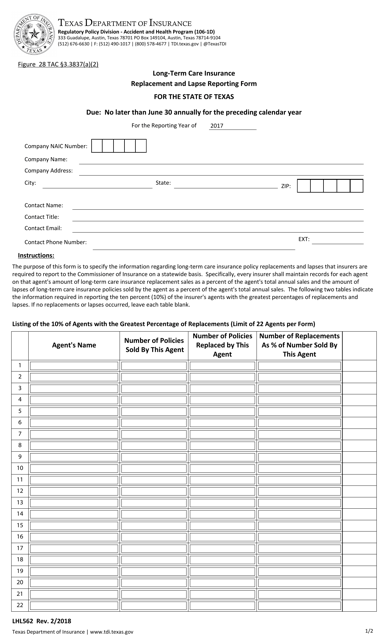 Form LHL562 Long-Term Care Insurance Replacement and Lapse Reporting Form - Texas