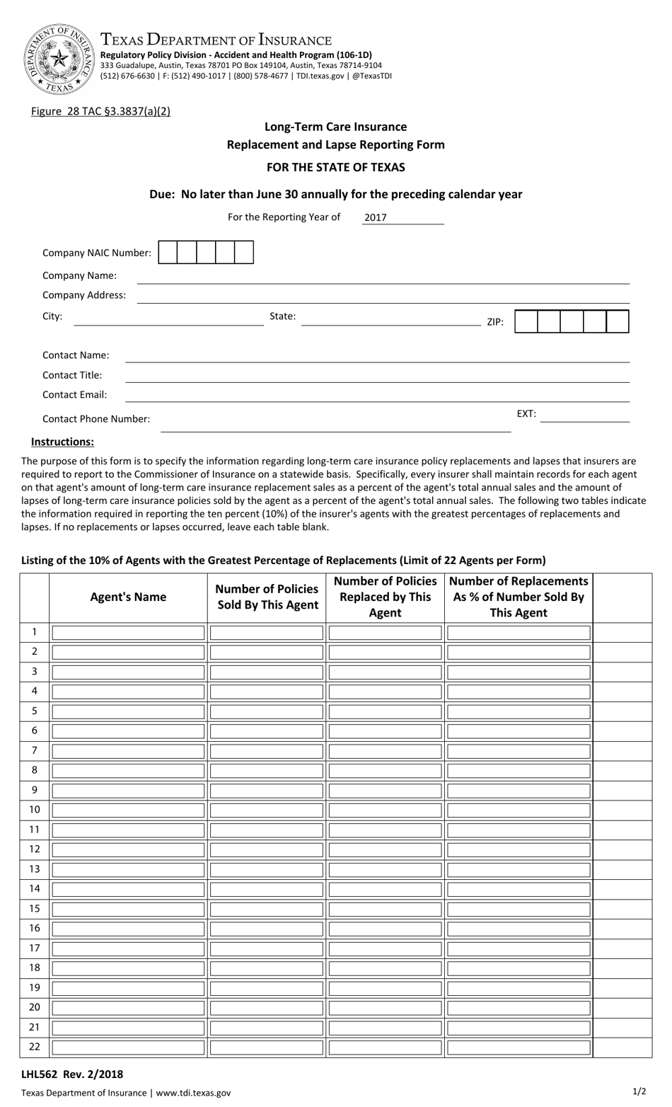 Form LHL562 Long-Term Care Insurance Replacement and Lapse Reporting Form - Texas, Page 1