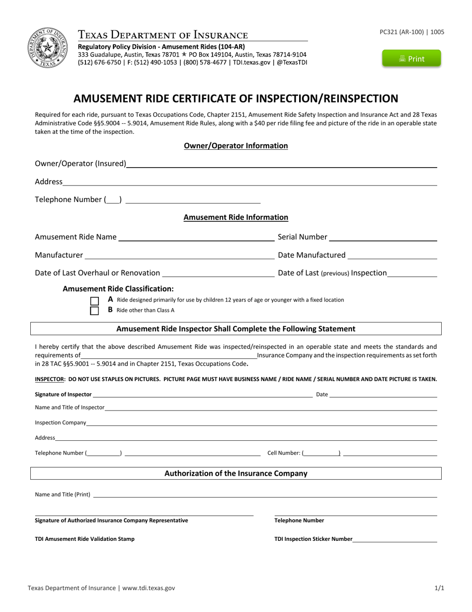 Form PC321 (AR-100) Amusement Ride Certificate of Inspection / Reinspection - Texas, Page 1