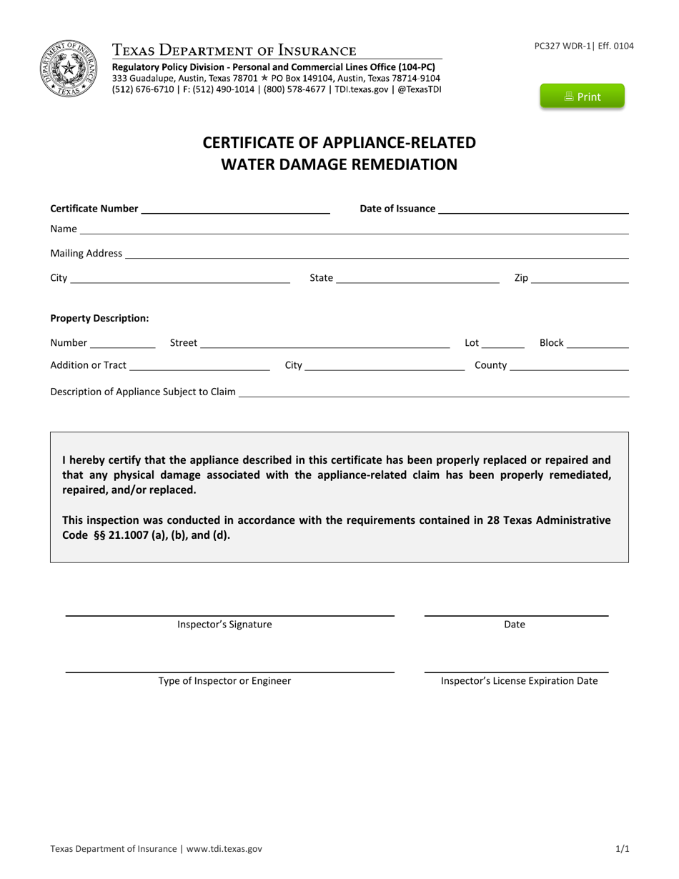 Form PC327 (WDR-1) Certificate of Appliance Related Water Damage Remediation - Texas, Page 1