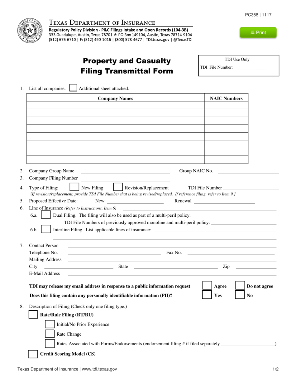 Form PC358 Property and Casualty Filing Transmittal Form - Texas, Page 1