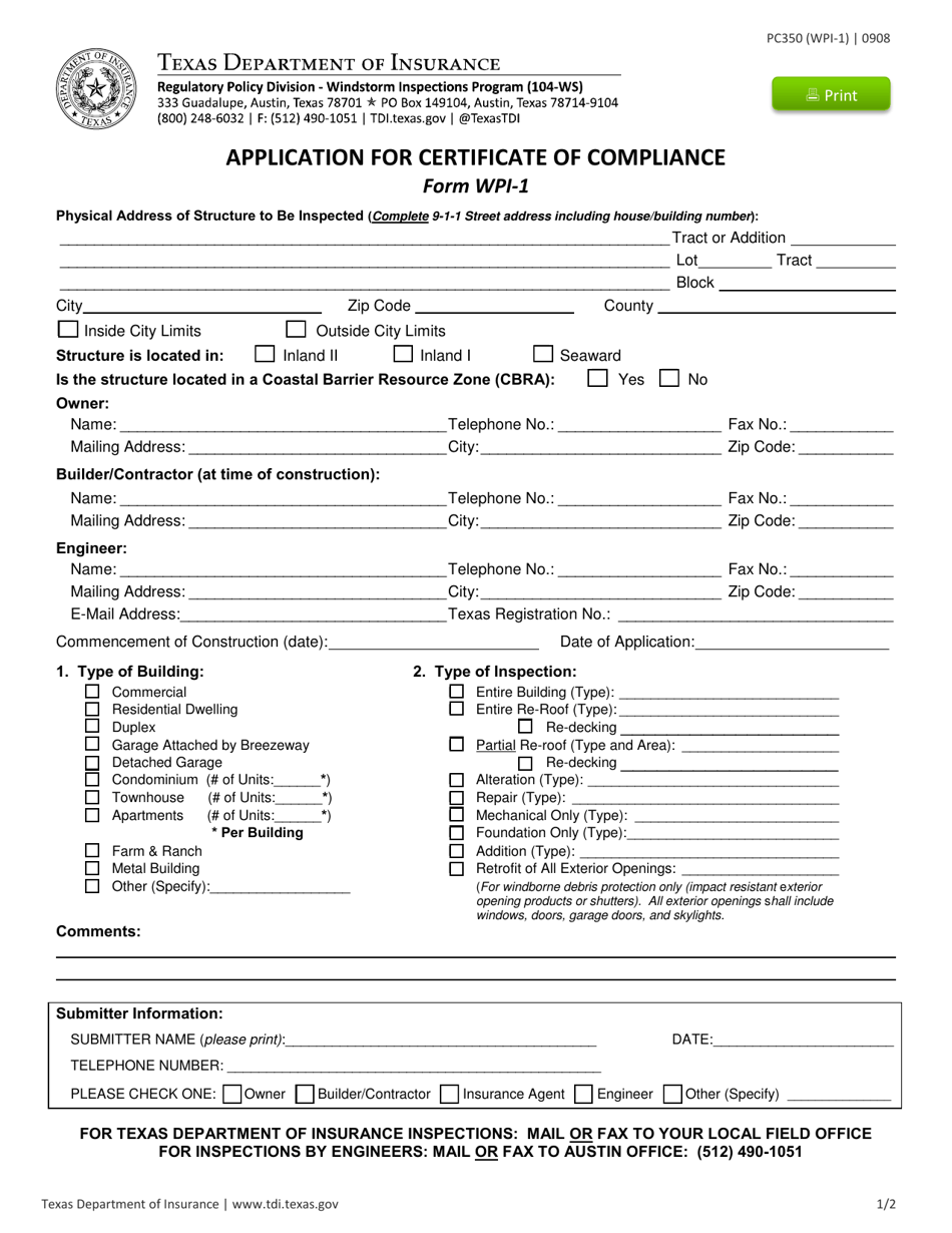 Form PC350 (WPI-1) Application for Certificate of Compliance - Texas, Page 1