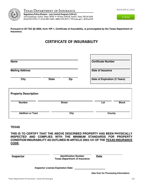 Form PC372 (VIP-1)  Printable Pdf