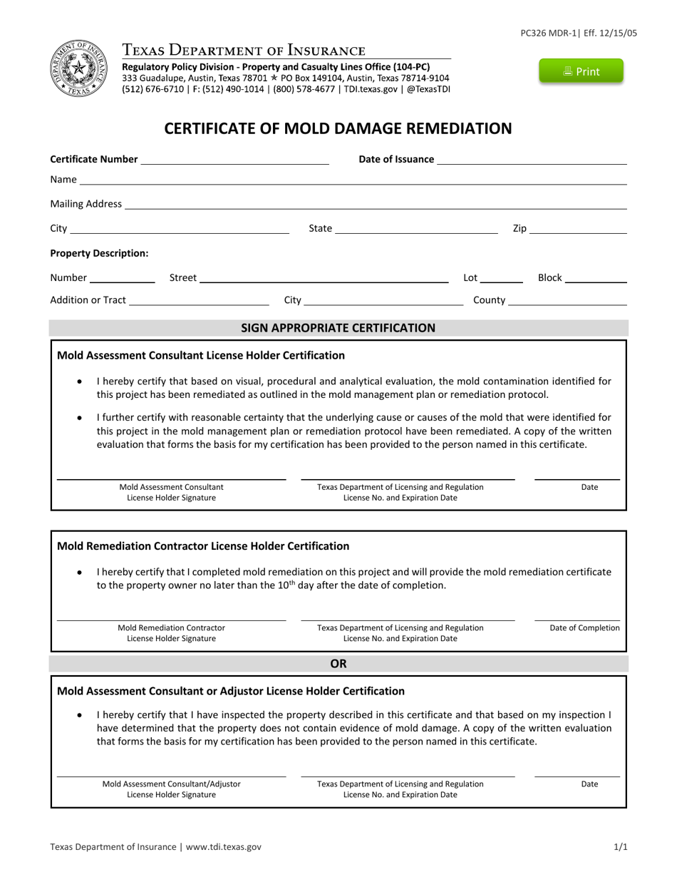Form PC326 (MDR-1) Certificate of Mold Damage Remediation - Texas, Page 1