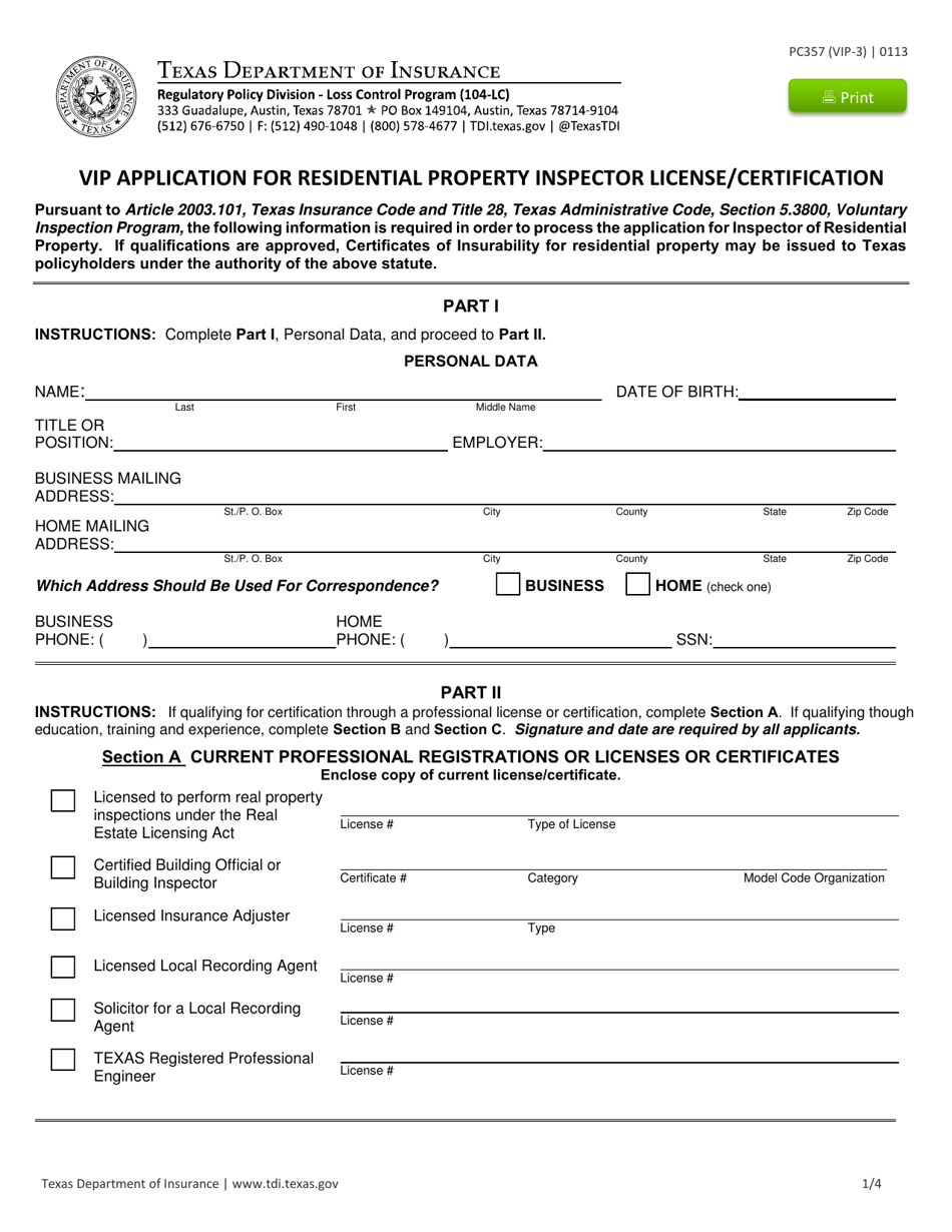 Form PC357 (VIP-3) Vip Application for Residential Property Inspector License / Certification - Texas, Page 1