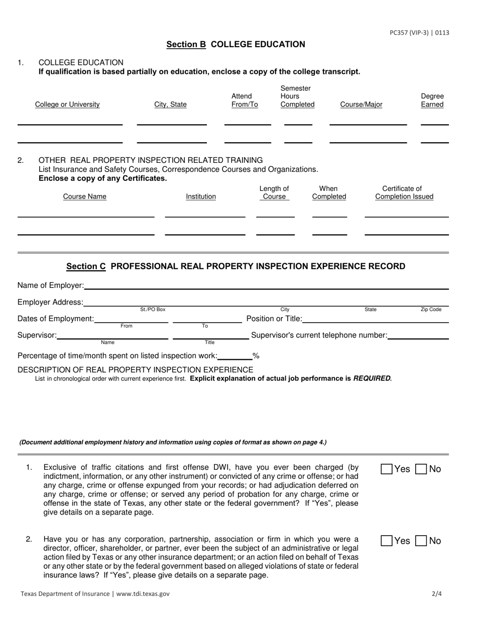 Form PC357 (VIP-3) Vip Application for Residential Property Inspector License / Certification - Texas, Page 2
