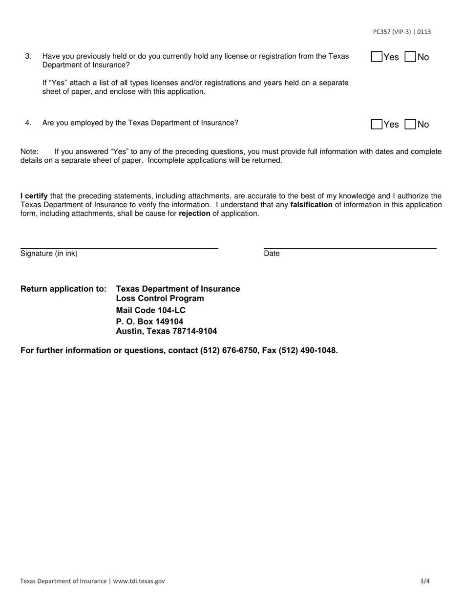 Form PC357 (VIP-3) Vip Application for Residential Property Inspector License / Certification - Texas, Page 3