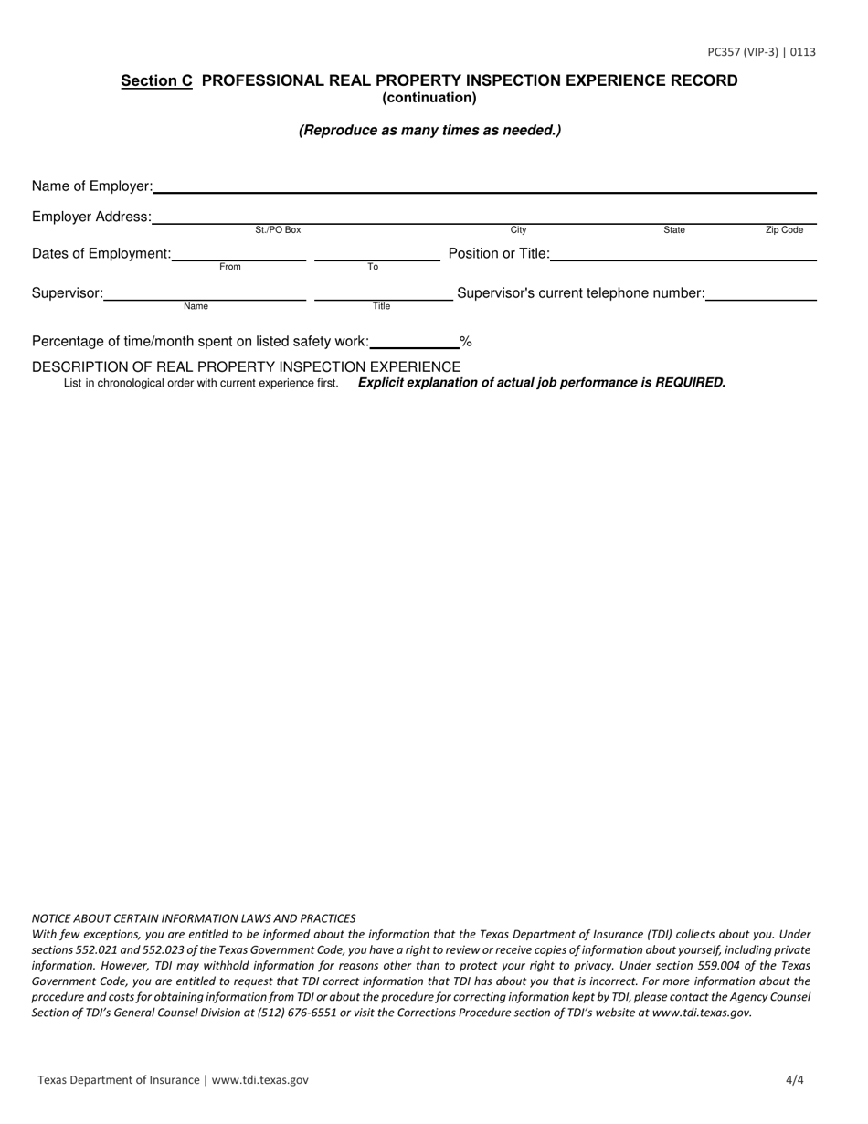 Form PC357 (VIP-3) Vip Application for Residential Property Inspector License / Certification - Texas, Page 4