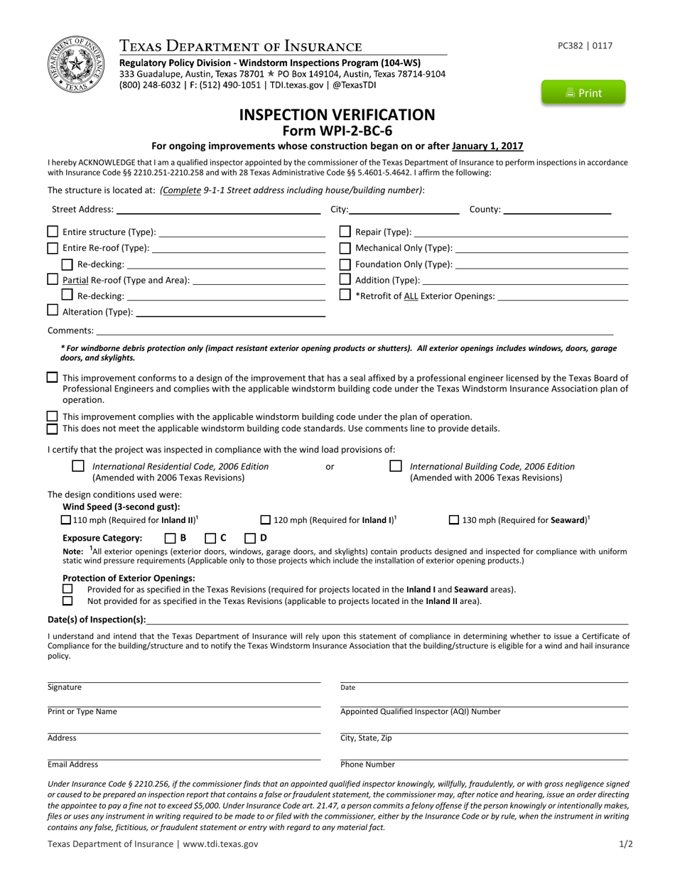 Form PC382 (WPI-2-BC-6) Inspection Verification - Texas, Page 1