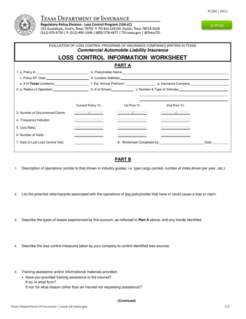 Form PC386 Loss Control Information Worksheet - Texas