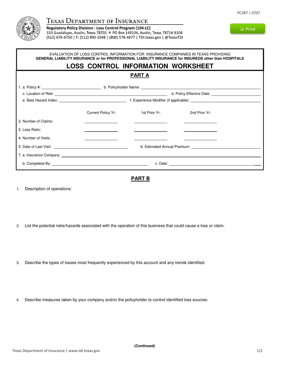 Form PC387 Loss Control Information Worksheet - Texas, Page 1