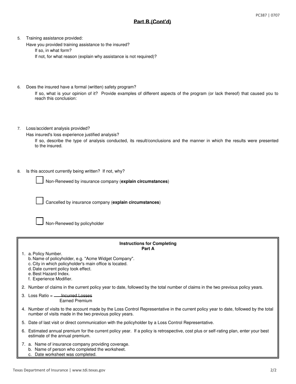 Form PC387 Loss Control Information Worksheet - Texas, Page 2