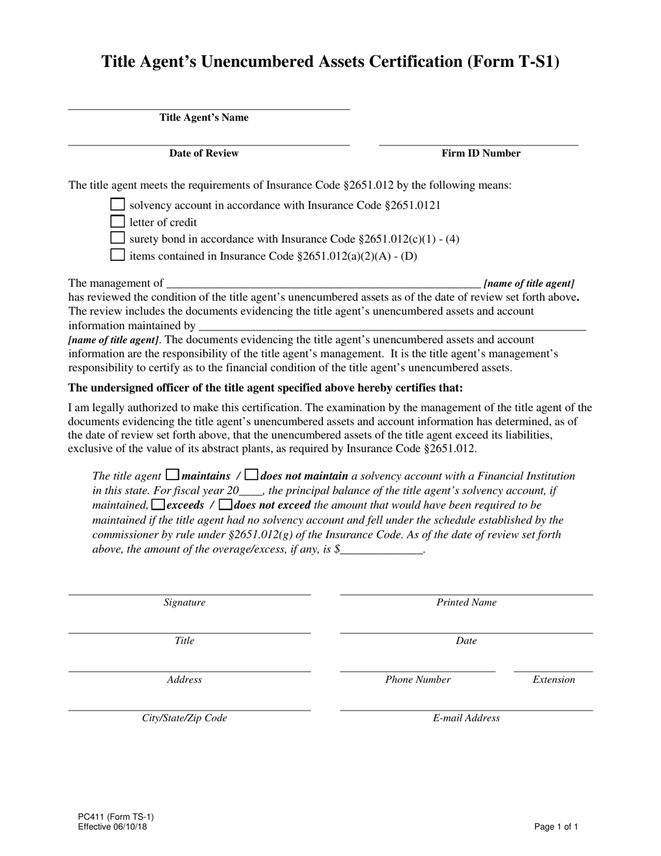 Form PC411 (T-S1) Title Agents Unencumbered Assets Certification - Texas, Page 1