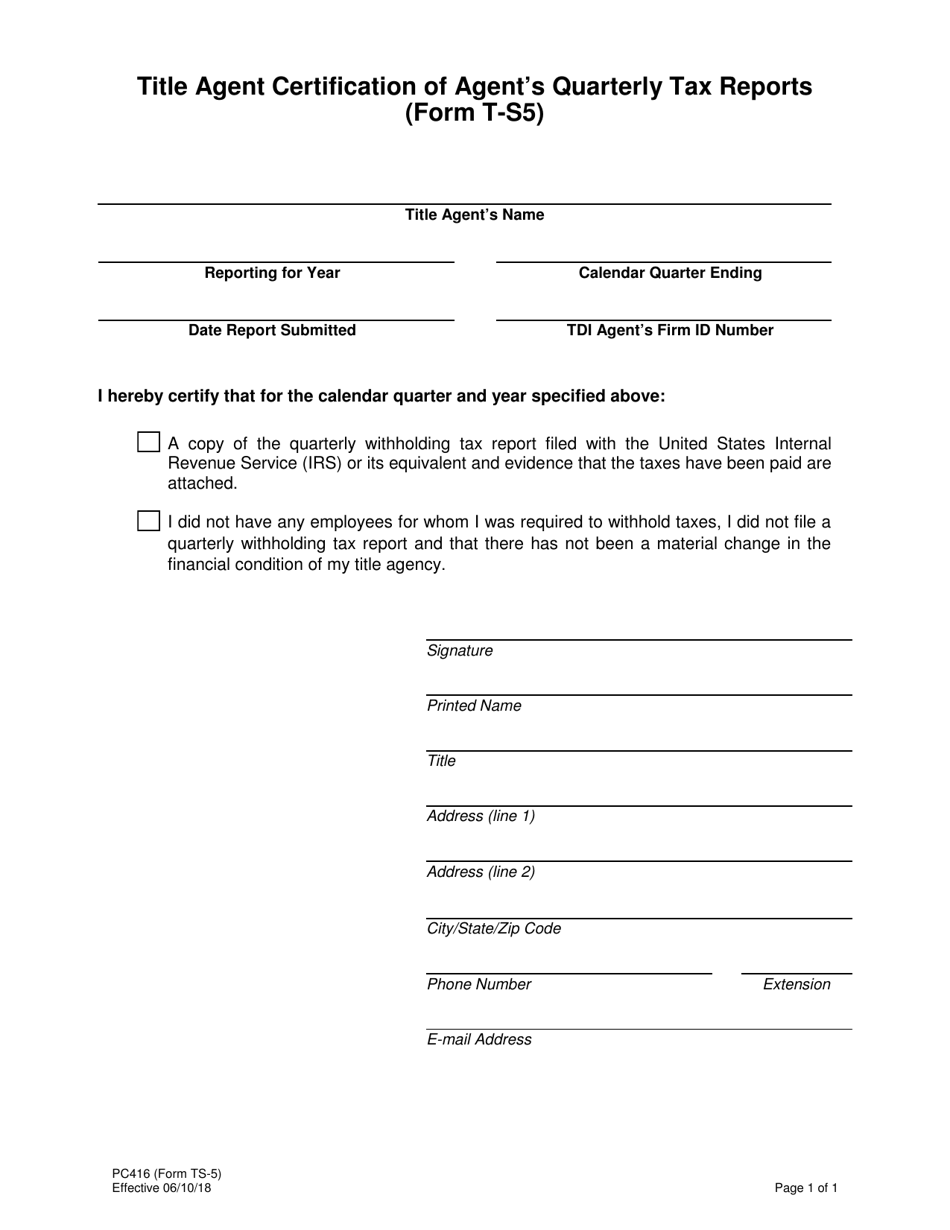 Form PC416 (T-S5) Title Agent Certification of Agents Quarterly Tax Reports - Texas, Page 1