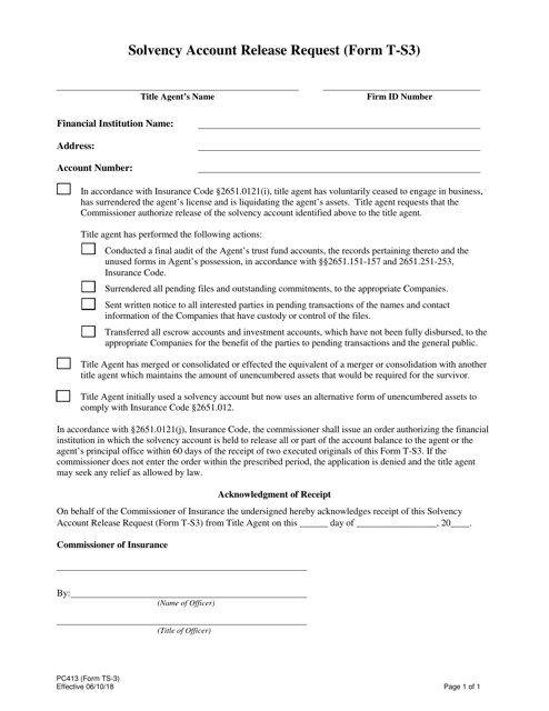 Form PC413 (T-S3) Solvency Account Release Request - Texas
