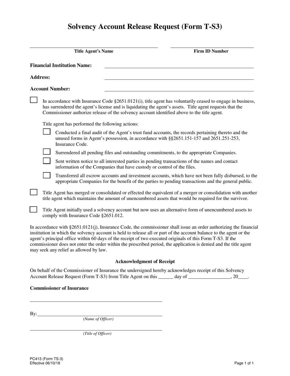 Form PC413 (T-S3) Solvency Account Release Request - Texas, Page 1