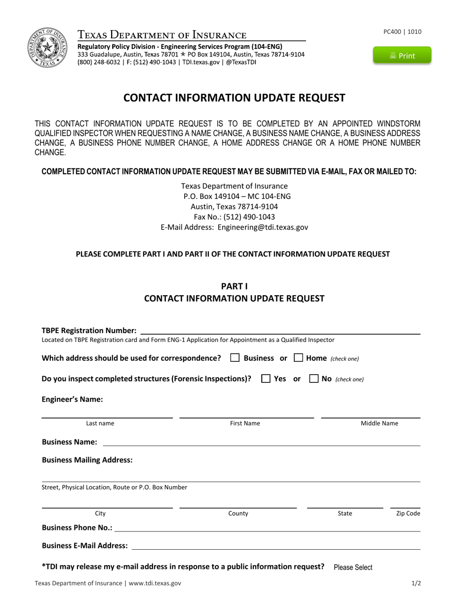 Form PC400 Contact Information Update Request - Texas, Page 1