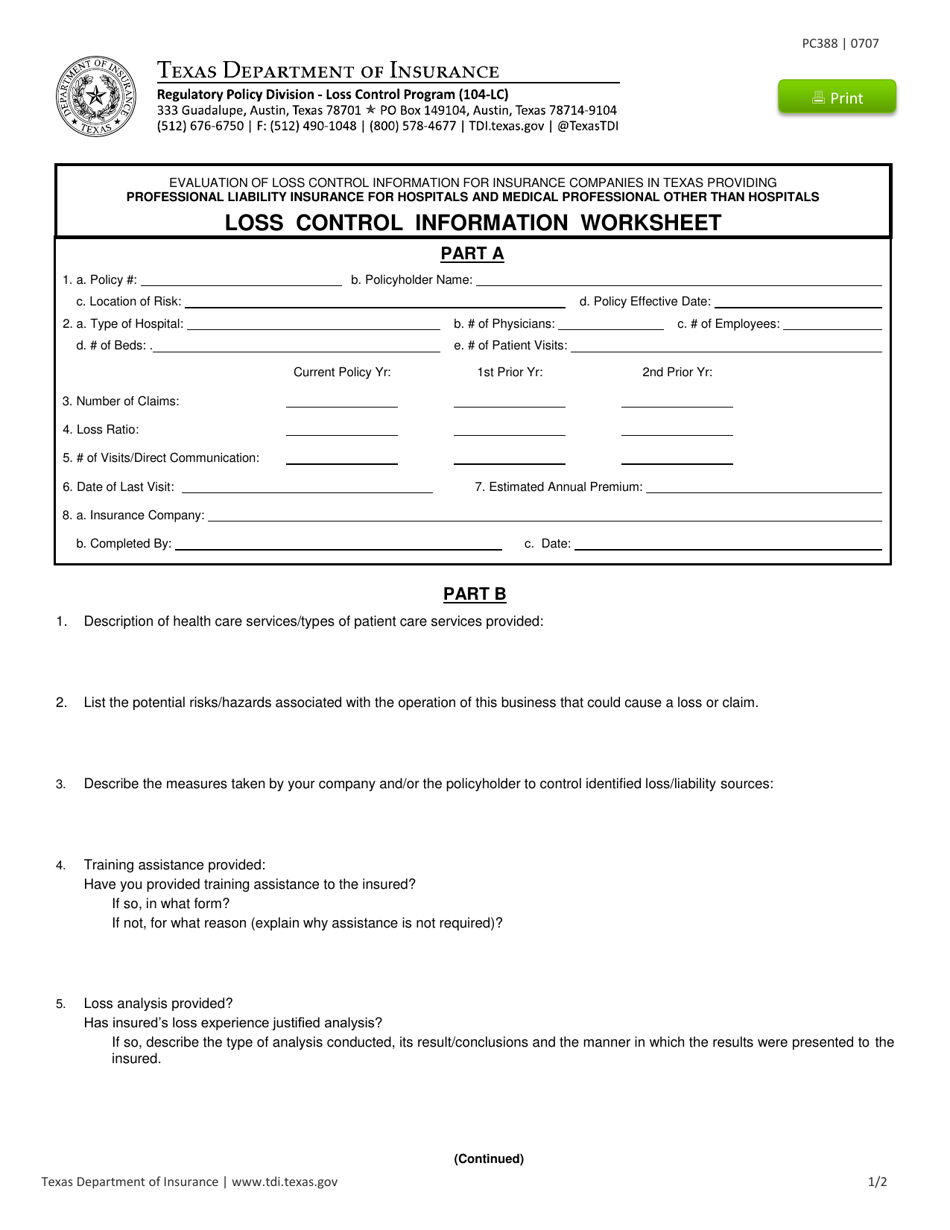 Form PC388 Professional Liability and Medical Professional for Hospitals Loss Control Information Worksheets - Texas, Page 1