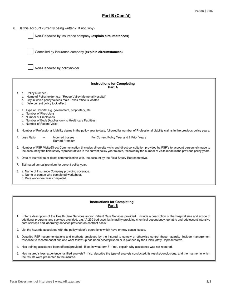 Form PC388 Professional Liability and Medical Professional for Hospitals Loss Control Information Worksheets - Texas, Page 2