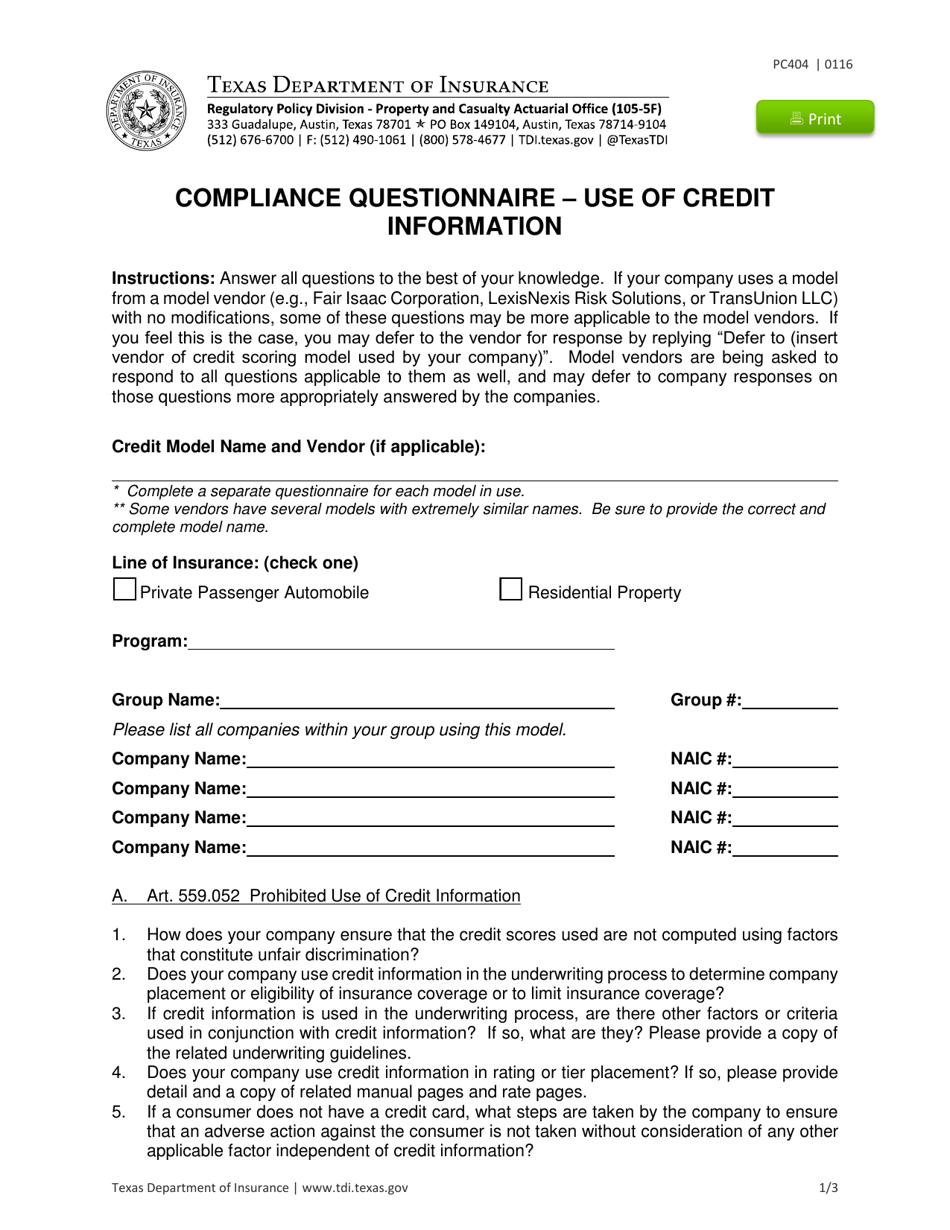 Form PC404 Compliance Questionnaire - Use of Credit Information - Texas, Page 1