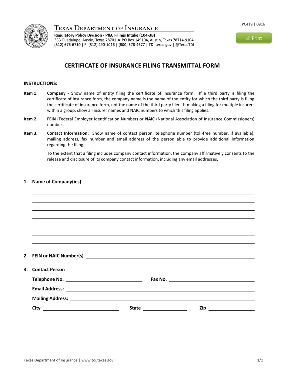 Form PC419 Certificate of Insurance Filing Transmittal Form - Texas, Page 1