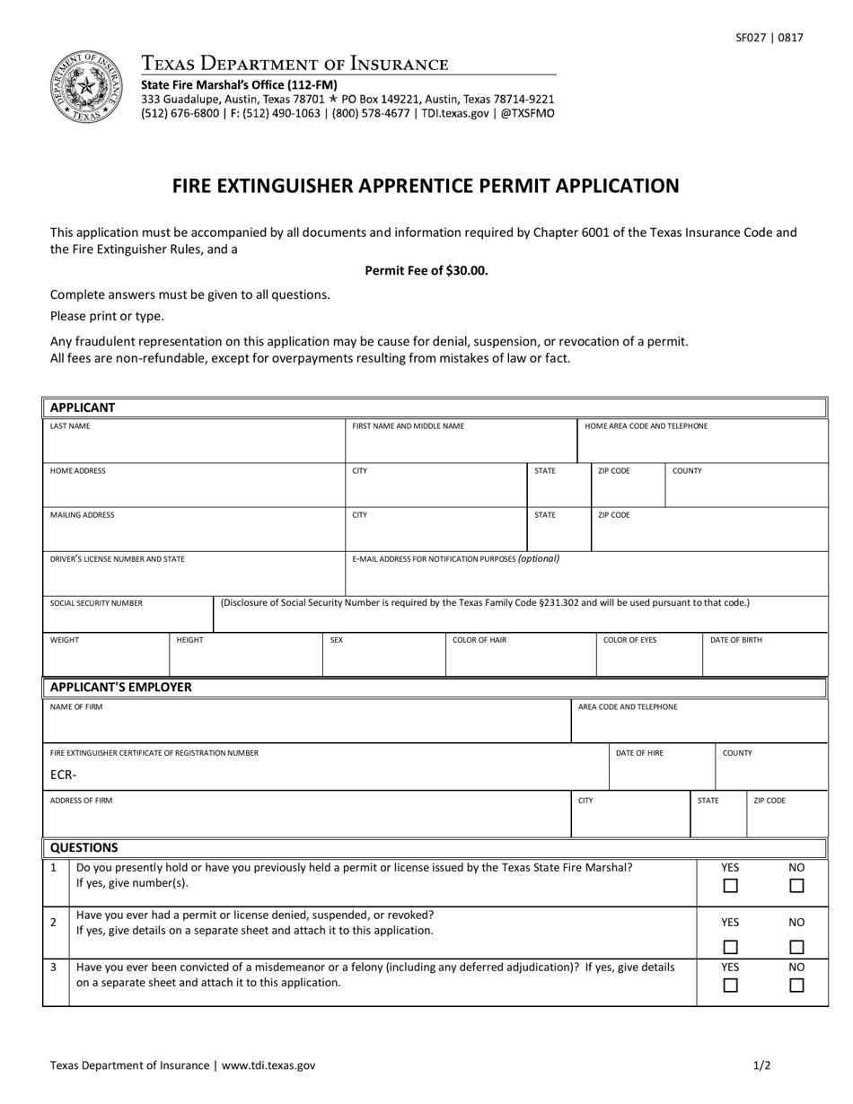 Form SF027 Fire Extinguisher Apprentice Permit Application - Texas, Page 1