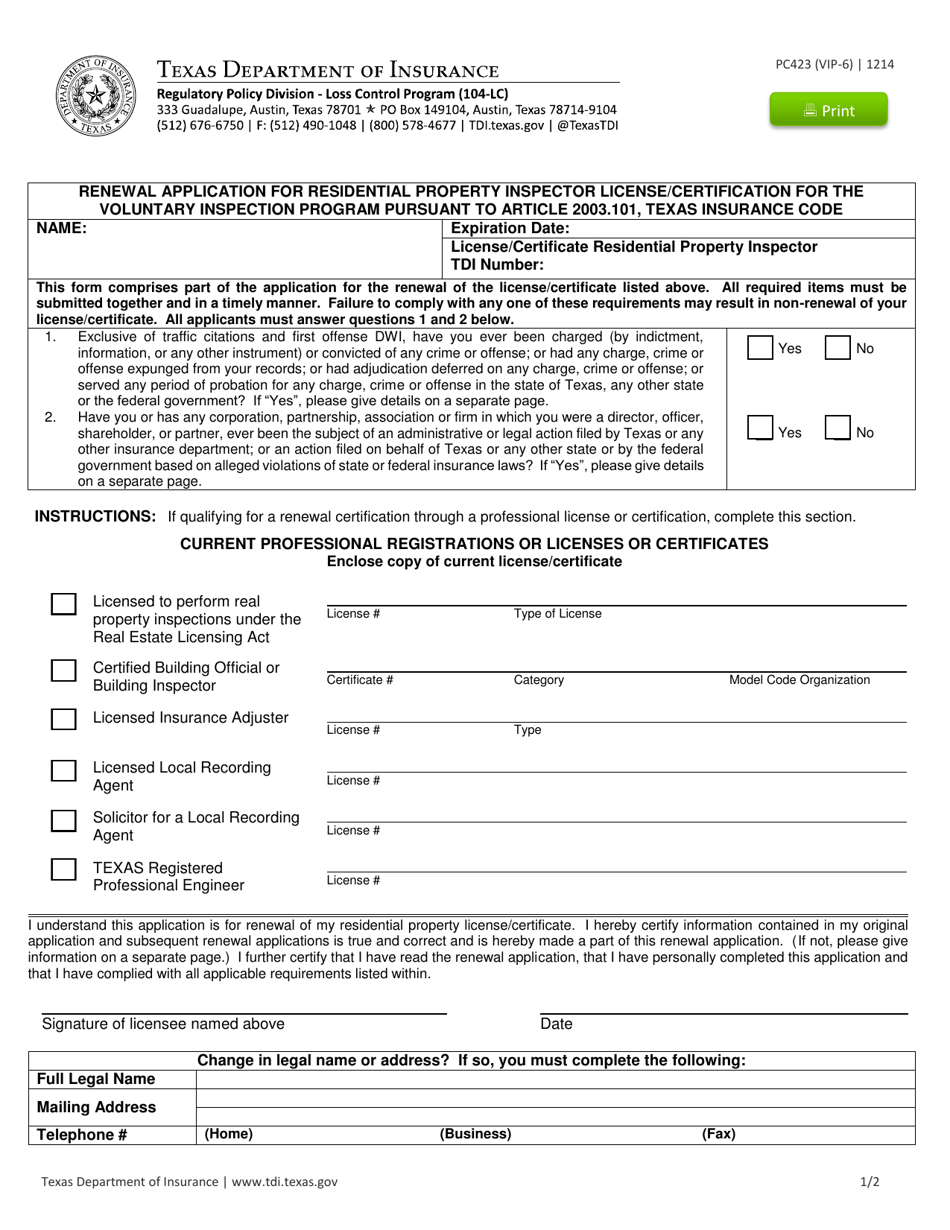 Form PC423 (VIP-6) Vip Renewal for Residential Property Inspector License / Certificate - Texas, Page 1