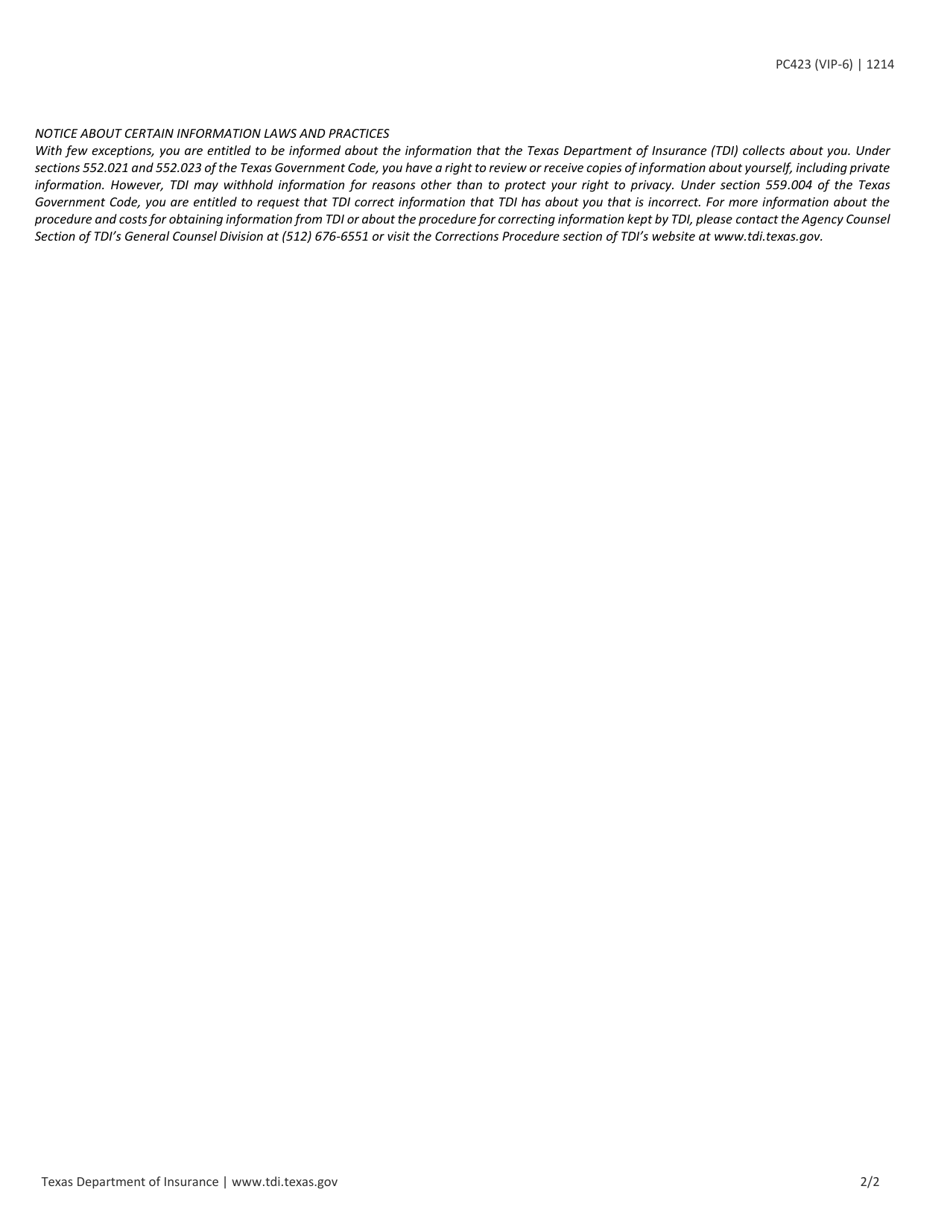 Form PC423 (VIP-6) Vip Renewal for Residential Property Inspector License / Certificate - Texas, Page 2