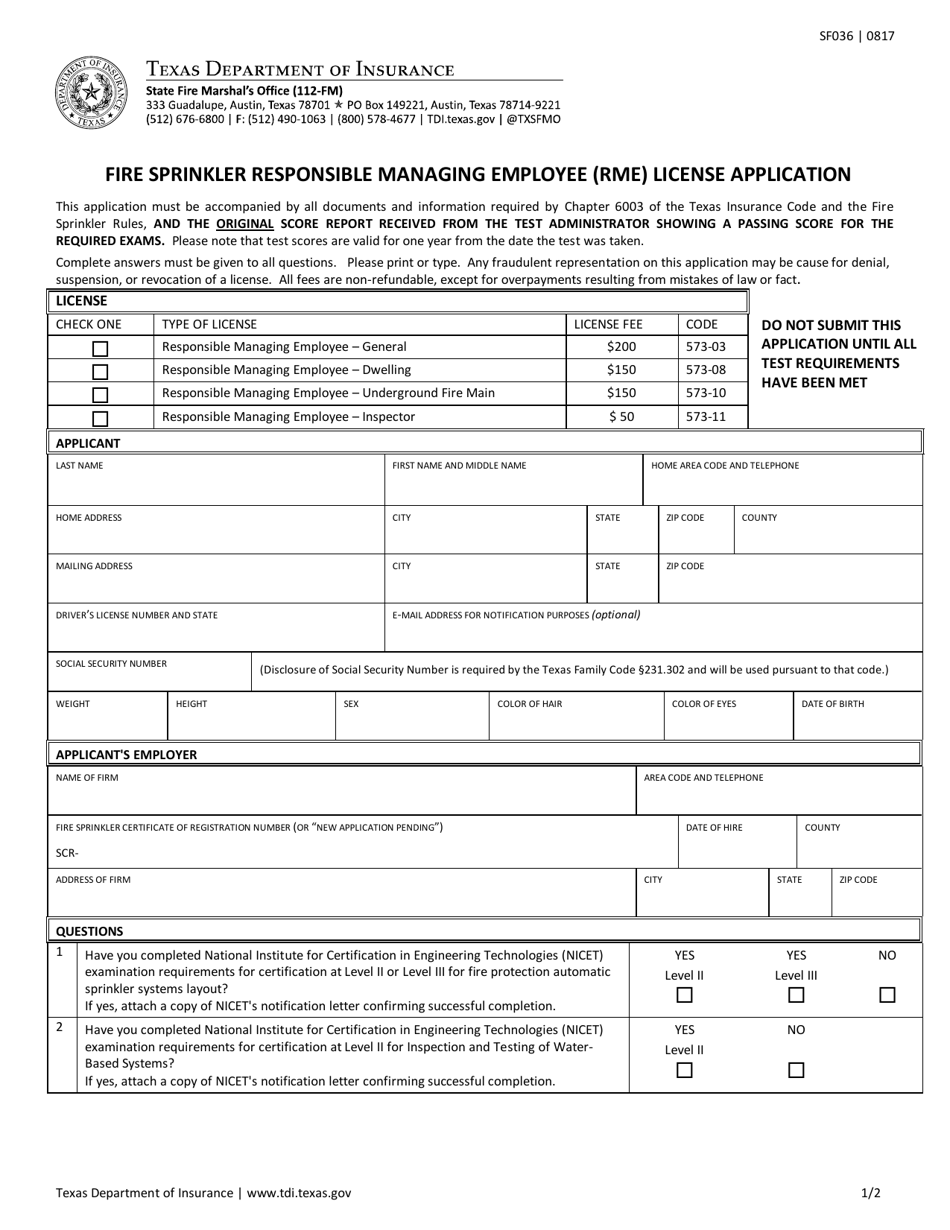Form SF036 Fire Sprinkler Responsible Managing Employee (Rme) License Application - Texas, Page 1