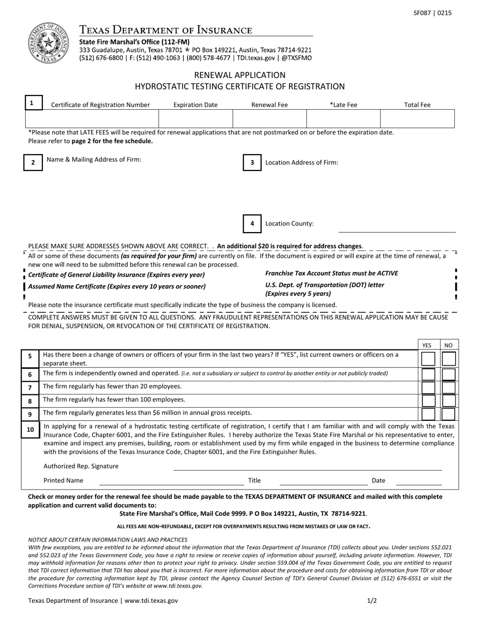 Form SF087 Renewal Application - Hydrostatic Testing Certificate of Registration - Texas, Page 1