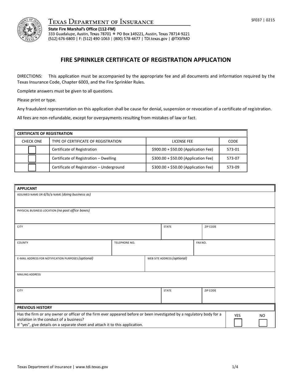 Form SF037 Fire Sprinkler Certificate of Registration Application - Texas, Page 1