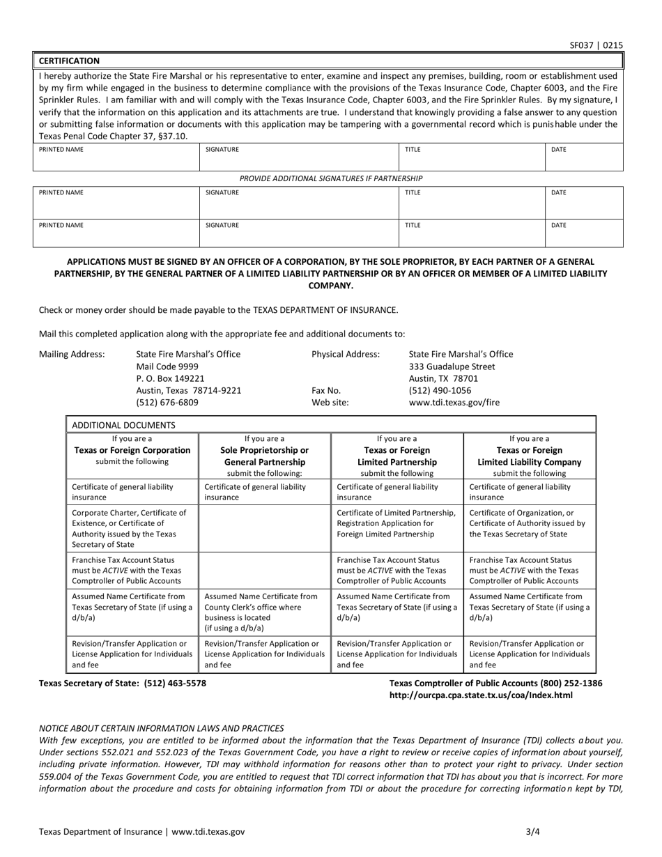 Form SF037 Fire Sprinkler Certificate of Registration Application - Texas, Page 3