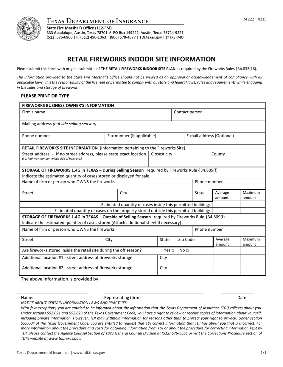 Form SF222 Retail Fireworks Indoor Site Information - Texas, Page 1