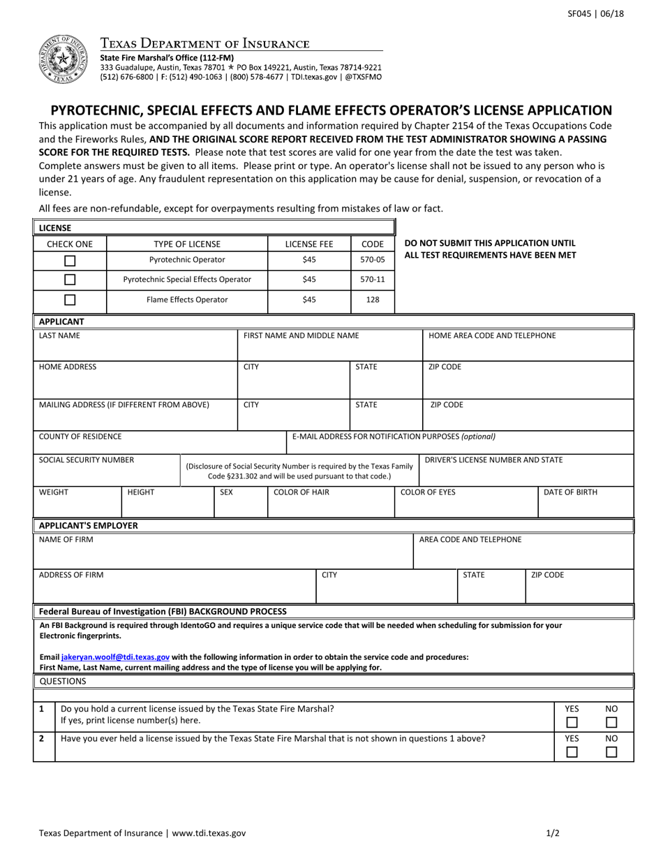Form SF045 Pyrotechnic, Special Effects and Flame Effects Operators License Application - Texas, Page 1