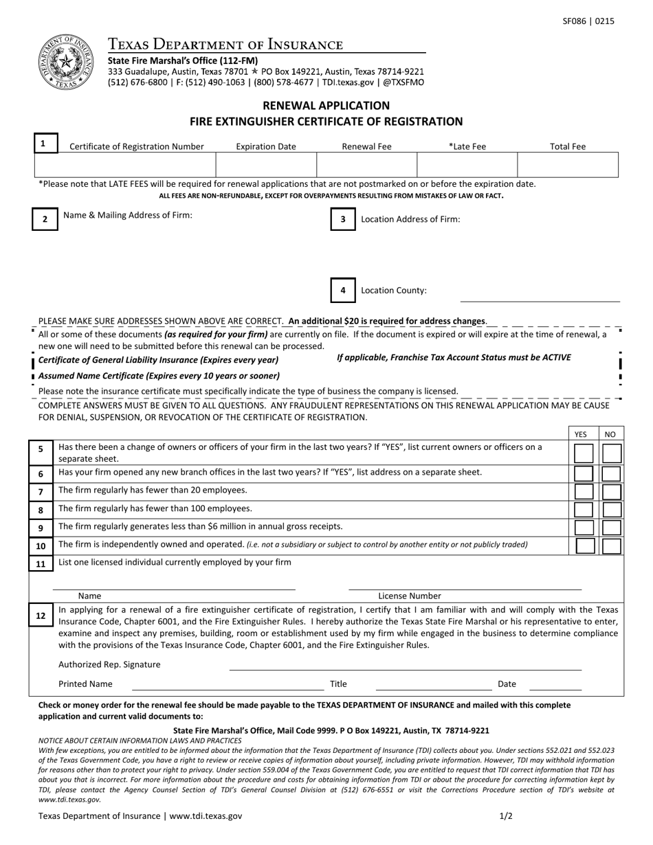 Form SF086 Renewal Application - Fire Extinguisher Certificate of Registration - Texas, Page 1