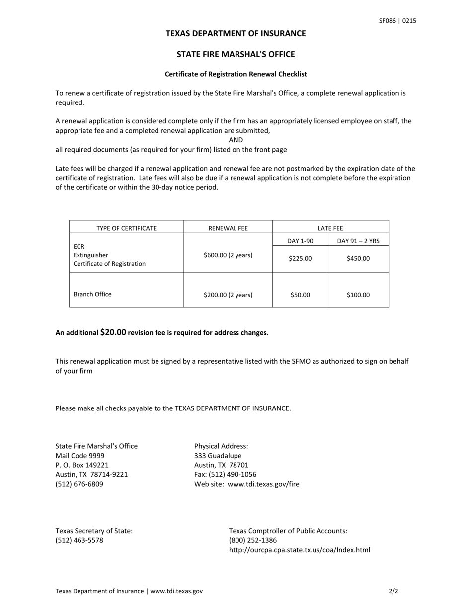 Form SF086 Renewal Application - Fire Extinguisher Certificate of Registration - Texas, Page 2