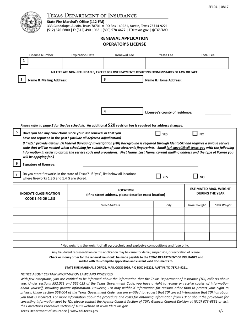 Form SF104 Renewal Application - Fireworks Operators License - Texas, Page 1