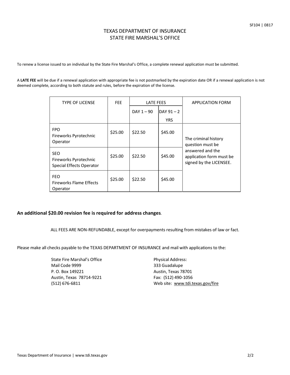 Form SF104 Renewal Application - Fireworks Operators License - Texas, Page 2