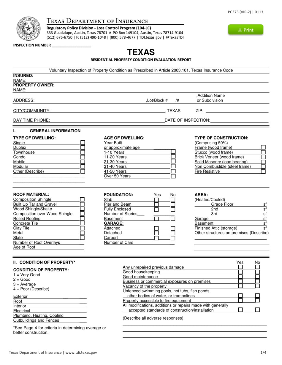 Form PC373 (VIP-2) Residential Property Condition Evaluation Report - Texas, Page 1