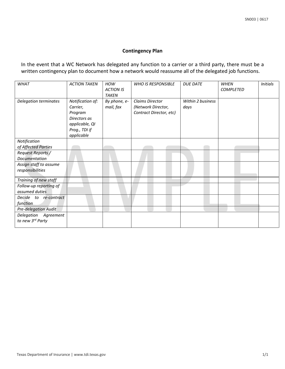 Form SN003 Contingency Plan - Texas, Page 1
