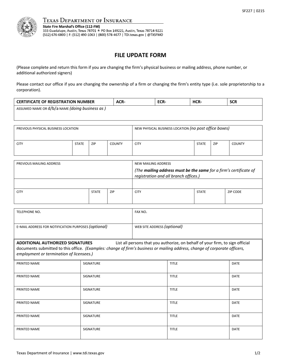 Form SF227 File Update Form - Texas, Page 1