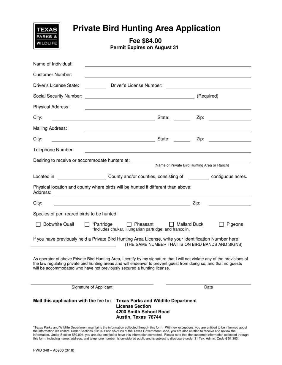 Form PWD348 Private Bird Hunting Area Application - Texas, Page 1