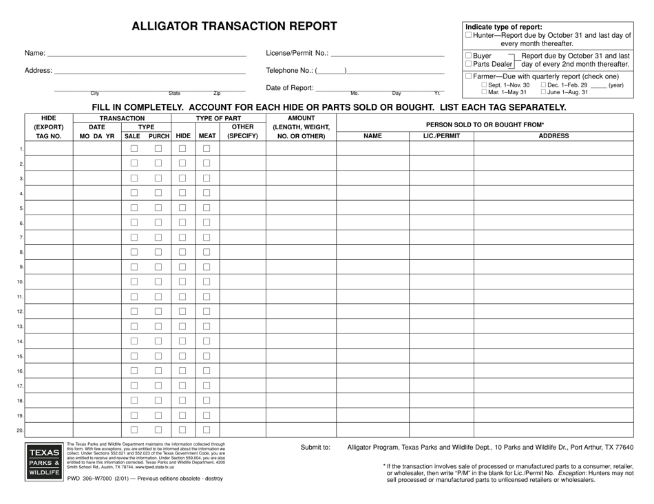 Form PWD306 Alligator Transaction Report - Texas, Page 1