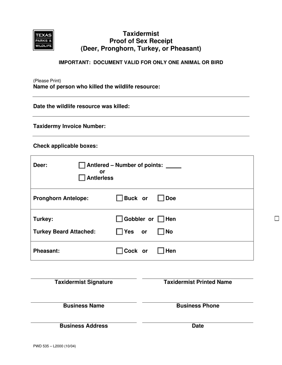 Form PWD535 Taxidermist Proof of Sex Receipt (Deer, Pronghorn, Turkey, or Pheasant) - Texas, Page 1