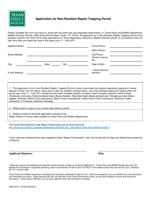 Form PWD0374 Application for Non-resident Raptor Trapping Permit - Texas