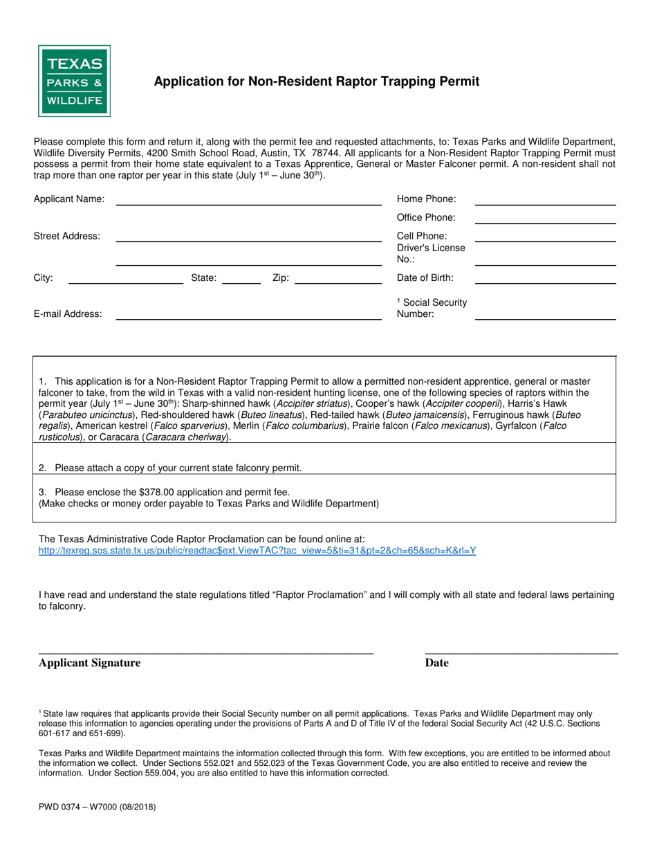 Form PWD0374 Application for Non-resident Raptor Trapping Permit - Texas, Page 1