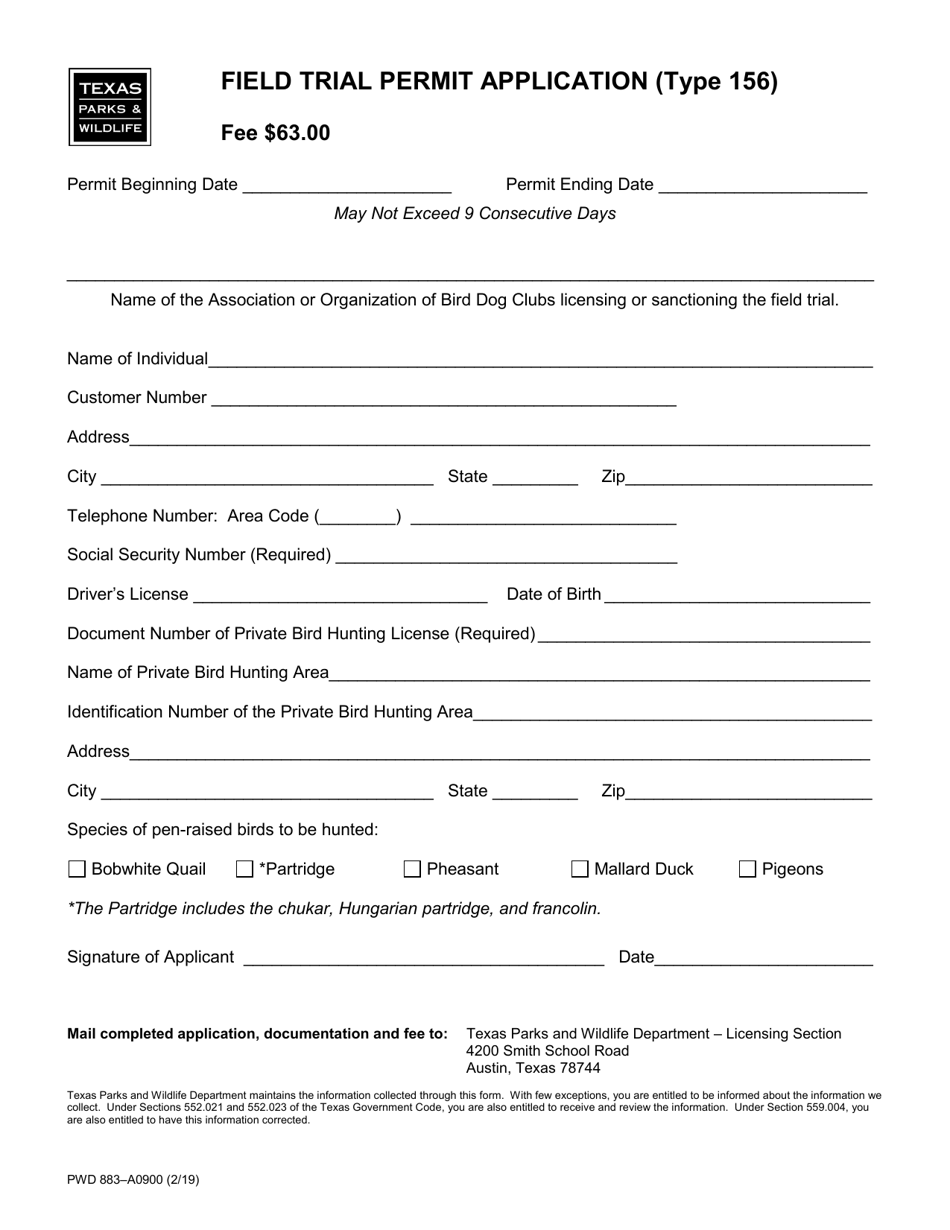 Form PWD883 Field Trial Permit Application (Type 156) - Texas, Page 1
