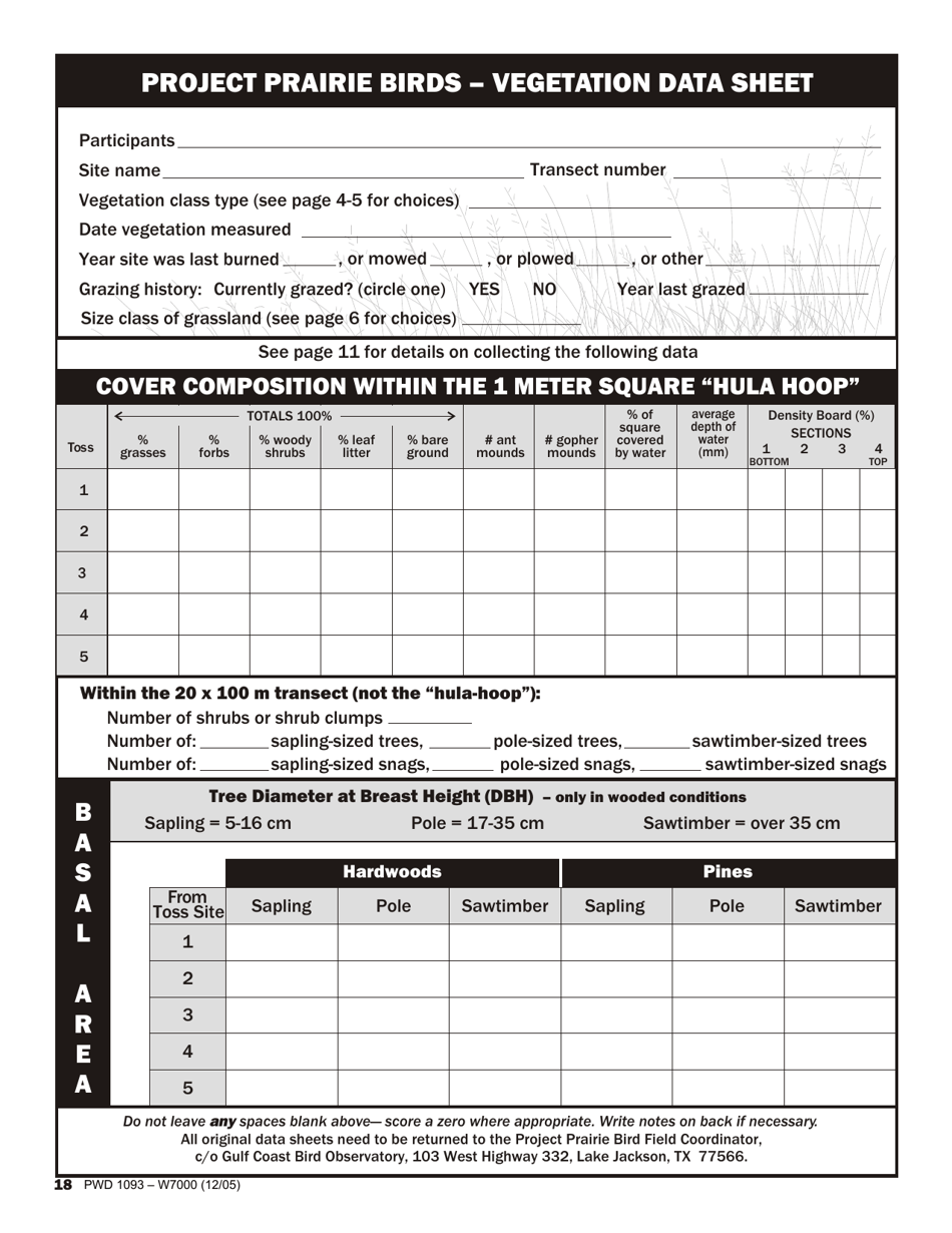Form PWD1093 Project Prairie Birds - Vegetation Data Sheet - Texas, Page 1