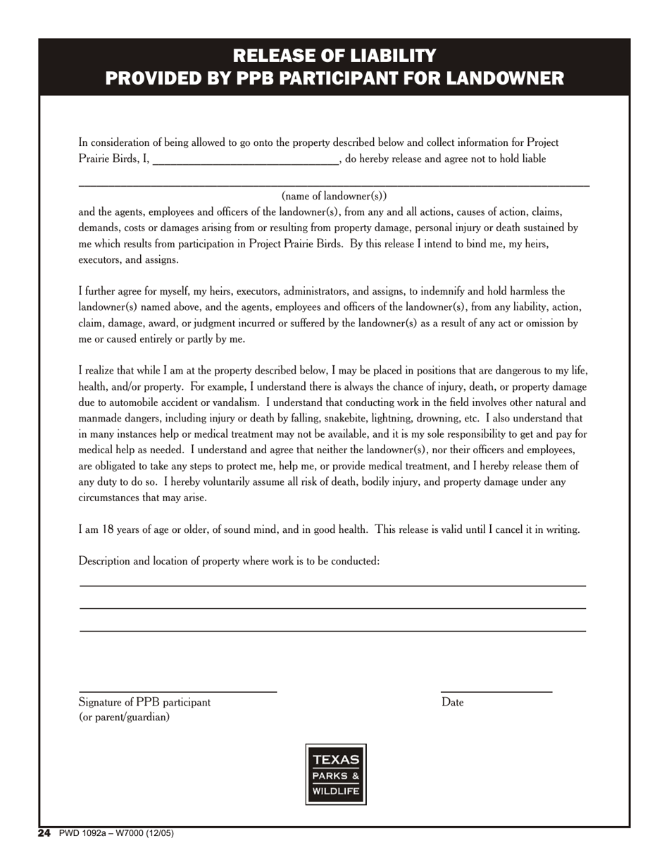 Form PWD1092A Release of Liability Provided by Ppb Participant for Landowner - Texas, Page 1